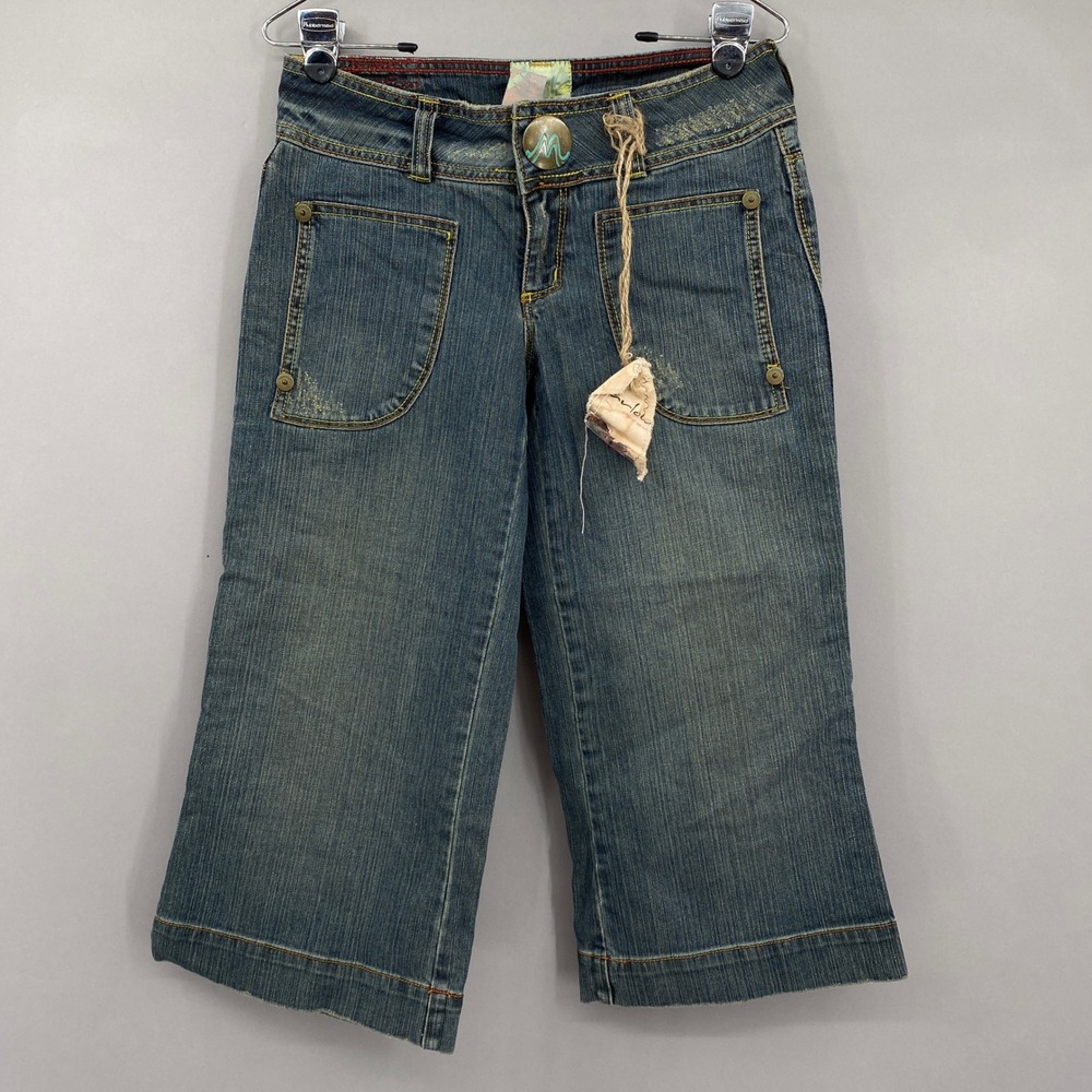 Marlow Denim Capri Gaucho Jeans Womens 27 Wide Leg Cropped Y2K Boho Patch Pocket